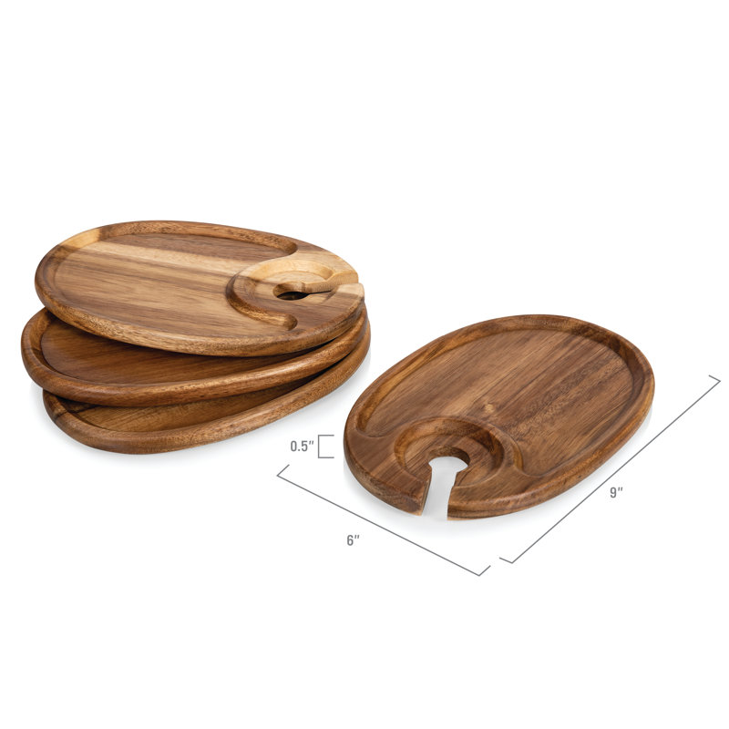 Acacia Wood Wine Appetizer Plates with Glass Holder, Set of 4