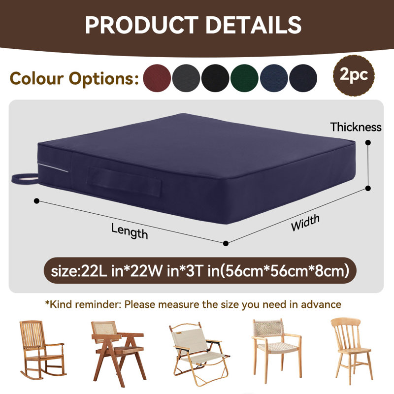 Outdoor Seat Cushion 2-Piece Set, With handles and drawstrings, Square Outdoor Seat Cushion,, 22*22*3 in, Navy Blue