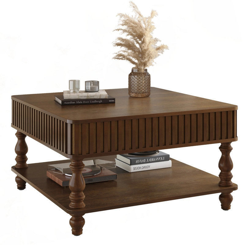 Table basse carrée 31,5 "à plateau relevable cannelé avec rangement ouvert, Noyer brun