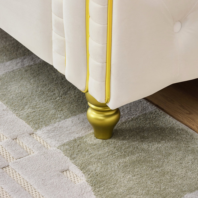 Velours beige moderne à 2 places de 63 po, bouton, base en bois franc, structure en bois avec limite de poids de 600 lb, capacité