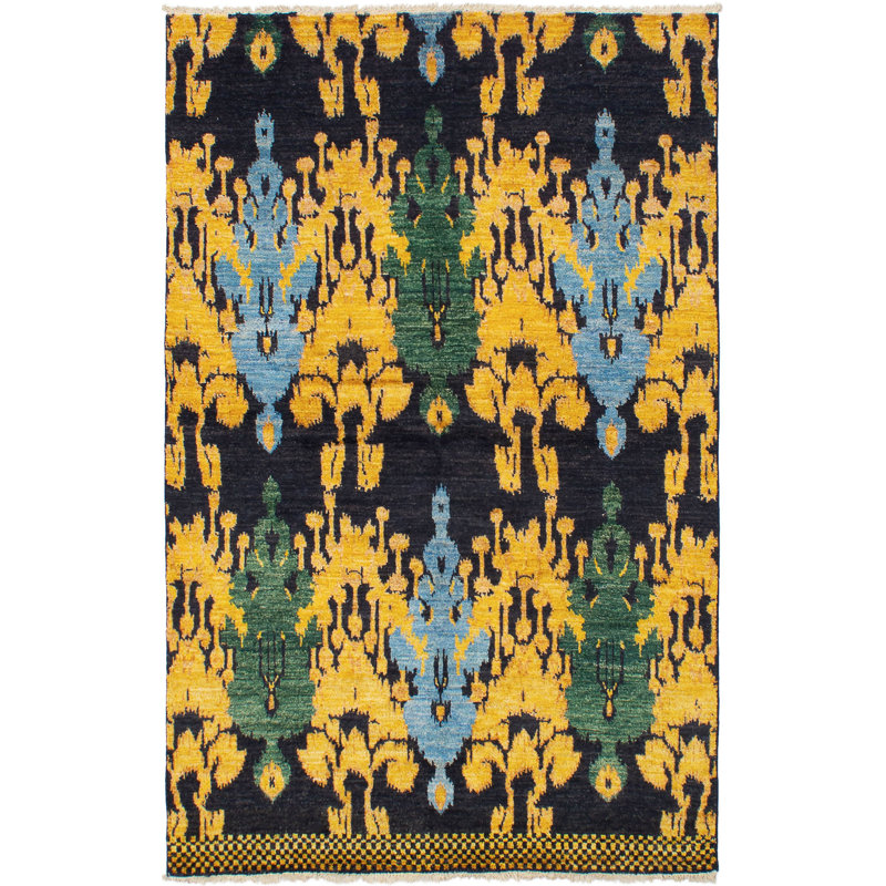 Tapis de bois one-of-kind-noué la 2010 shalimar noir/doré/bleu 5 pi 2 po x 8 pi en laine 2 po Céline