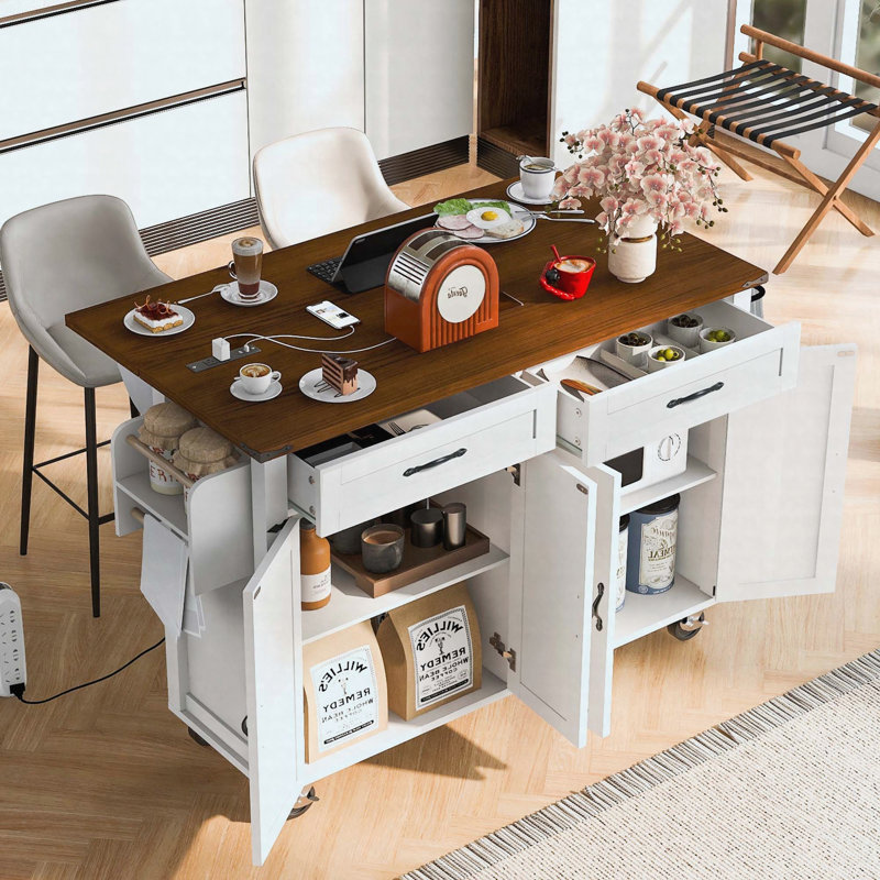 53.5"Farmhouse Kitchen Island with Power Outlet, Kitchen Storage Island with Drop Leaf, Spice Rack and Drawer, Rolling Kitchen Cart on Wheels, for Home, Kitchen and Dining Room, White