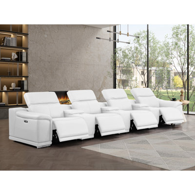 Genuine Leather Sofa With 4 Power Recliners, Adjustable Headrests & 3 Storage Consoles