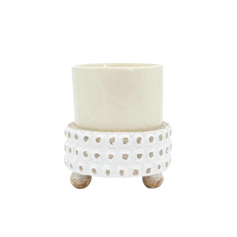 Ensemble de 2 pots à fleurs et support en bois blanchi et céramique 