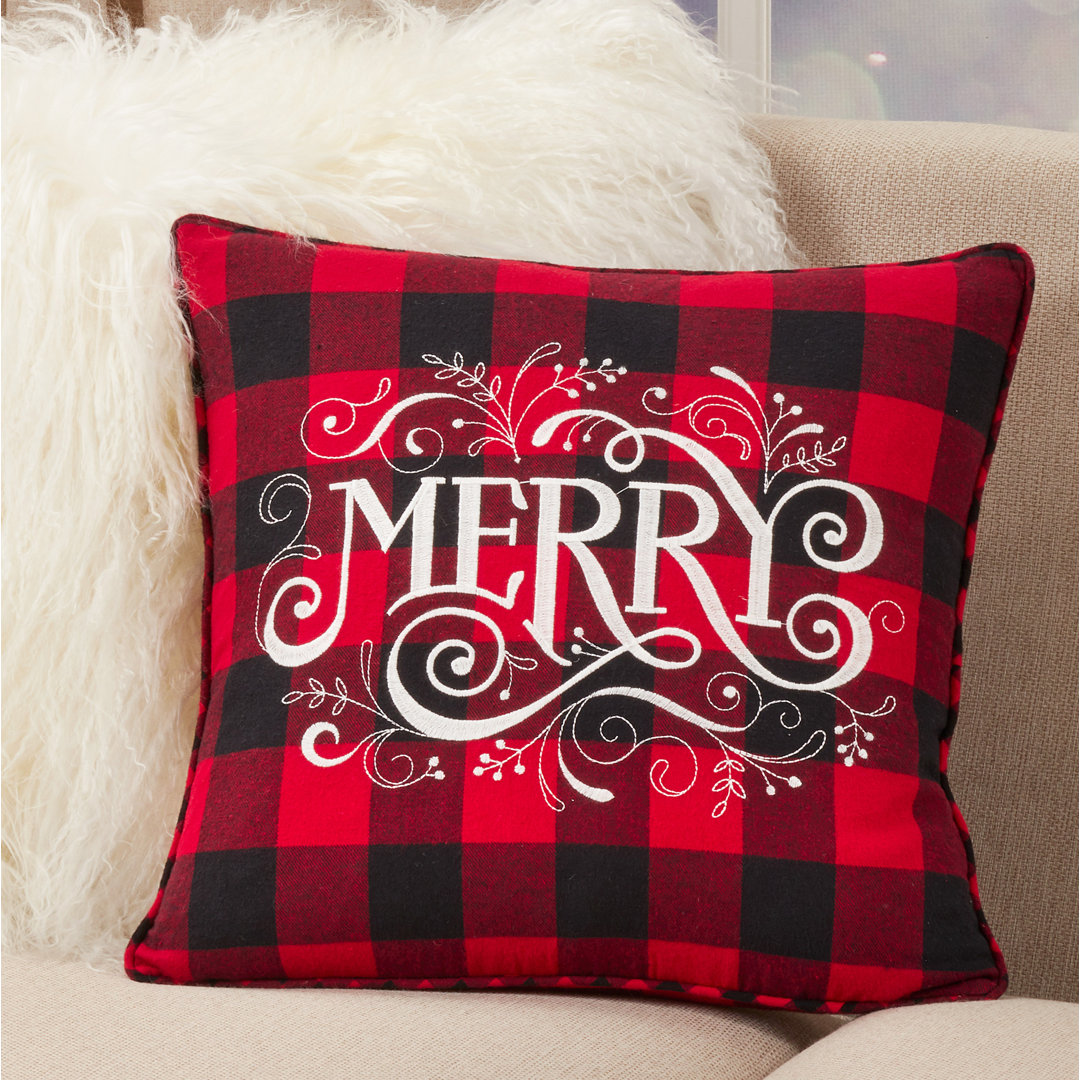 Buffalo Plaid Christmas Collection 'Merry' Square Pillow Cover Saro