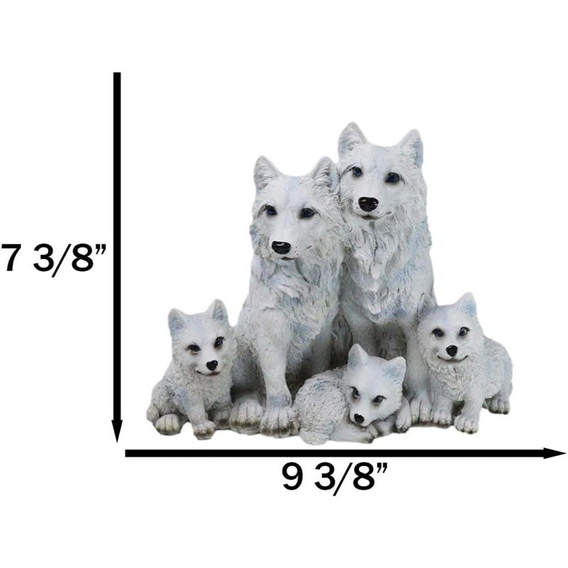 Figurine de famille loup blanc hiver et père assis avec 3 petits
