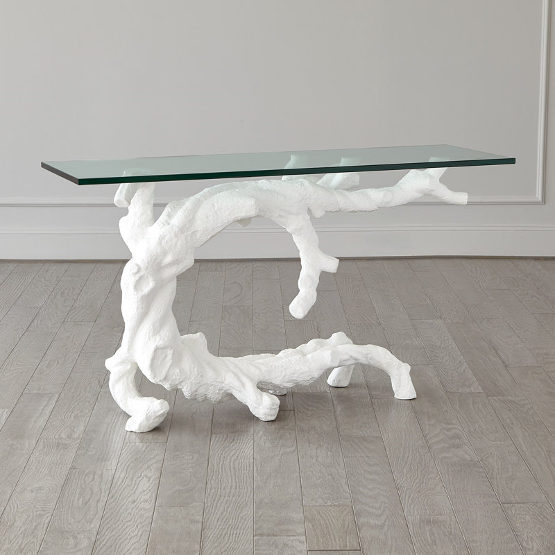 Twisted Juniper Matte White Cast Aluminum Console with Tempered Glass Top