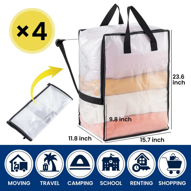 Moving Bags with Adjustable Backpack Straps, Heavy Duty Storage Totes for College Packing, 4 Pack, (Clear)