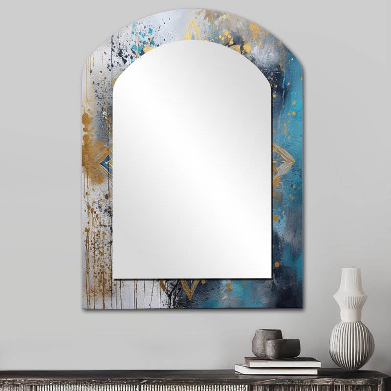 Blue And Gold Mandala II - Boho Mandala Arch Decorative Mirror, Blue Asymmetrical Wall Mirror, Printed Metal Art, 34" x 25"