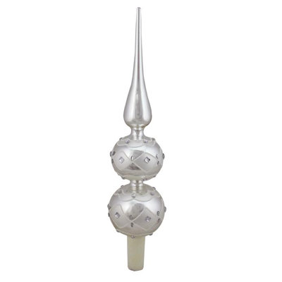 13" Silver and White Diamond Design Glitter Gem Glass Finial Christmas Tree Topper