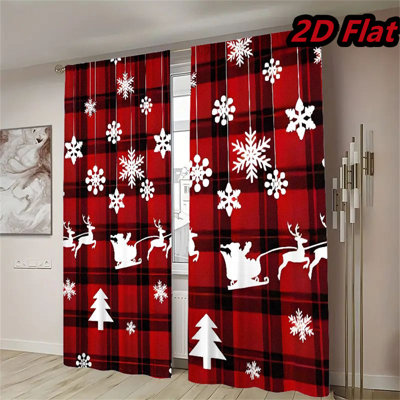 2Pcs rideaux de Noël à carreaux rouges fenêtre décorative hiver panneaux de rideaux sur le thème des fêtes avec motif de cerf flocon de neige pour salon chambre cuisine décor à la maison