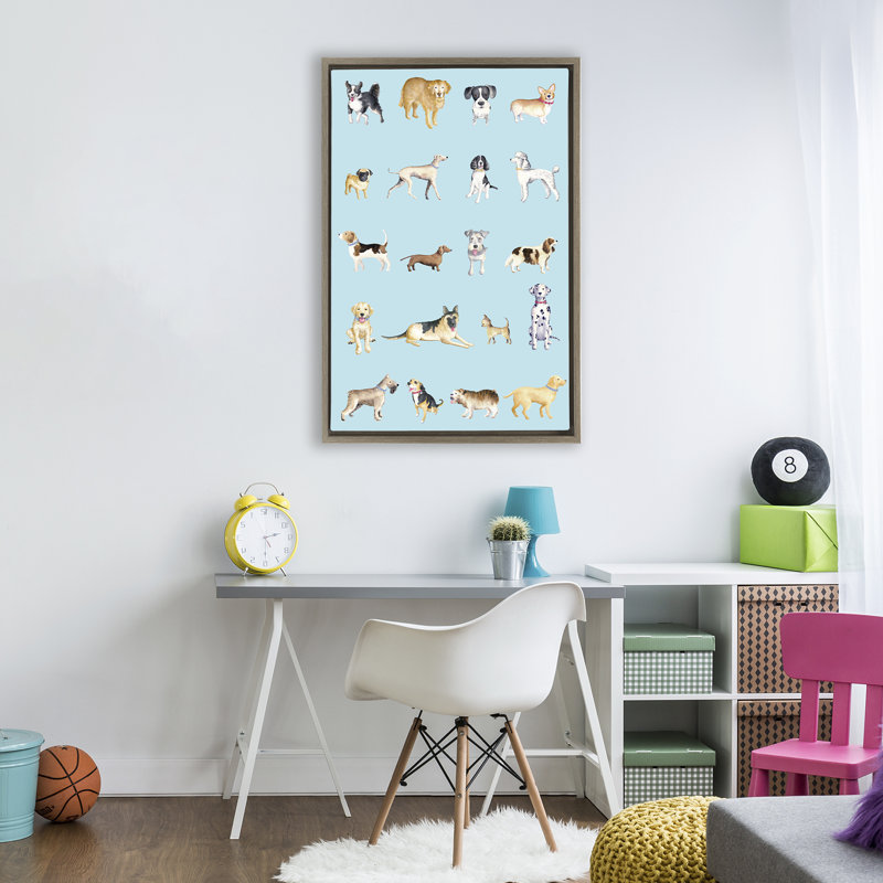 Races de chiens sur cadre flottant bleu, design par Andi Metz, H 31 po x l 21 po, Cadre flottant orme Montalcino