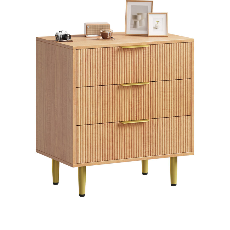 Commode à tiroirs cannelée moderne, commode en bois avec poignées et pieds en métal, rangement, Brun