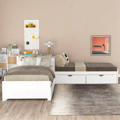 L-Shaped Platform Bed With Trundle And Drawers Linked With Built-In Desk,Twin,Gray
