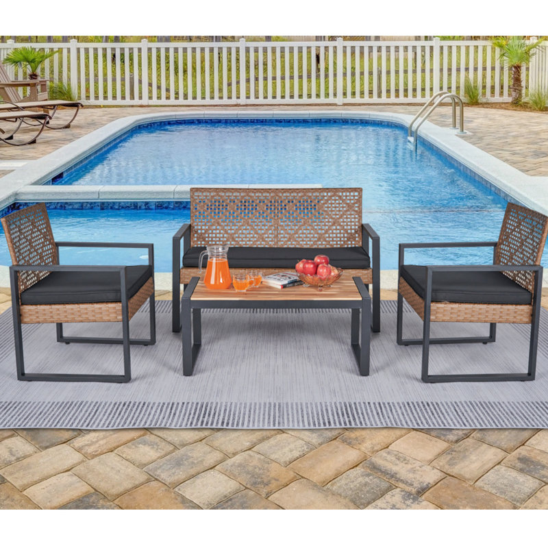 4 meubles de patio: plateau de table en bois, noir et brun modernes, pour l'extérieur Cour: table, coussins