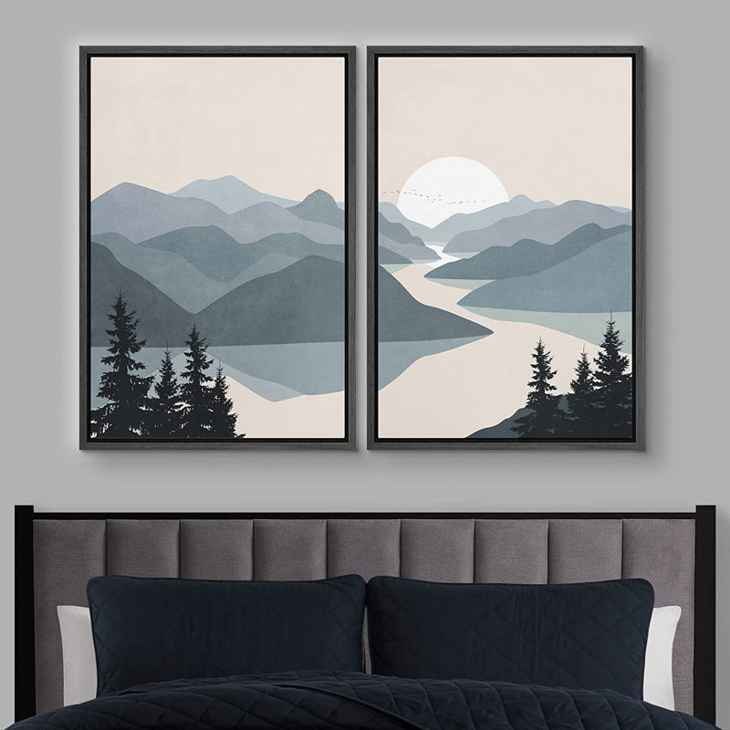 "Sun Mountain Landscape" Greenish Grey River Abstract Nature, reproduction d'art sur toile encadrée 2 pièces, Noir