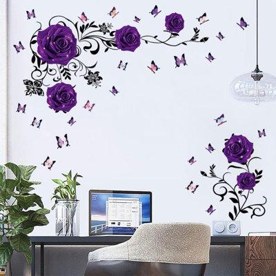 Purple Rose Wall Stickers Rose Flower Vine Wall Decal Purple Peony Floral Wall Decor DIY Vinyl Mural Art For Bedroom Living Room Sofa Backdrop