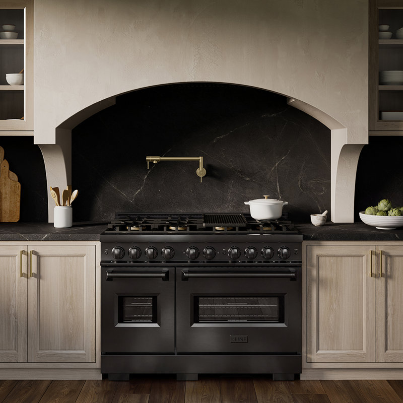 ZLINE 48 in. Classic Gas Range with 8 Burner DuoPro Cooktop and Dual Ovens with White Matte Doors, Black Stainless Steel