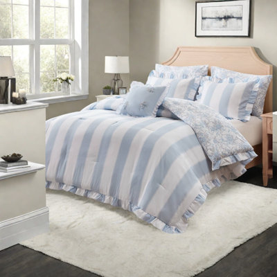Blue Full Queen Bedding Sets, Microfiber Ruffled Stripe Comforter Set for Home