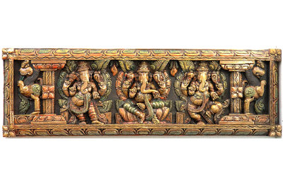 Panneau mural en bois sculpté à la main Ganesha, 36 po de long, décor de temple indien du sud pour le salon et l'espace de méditation