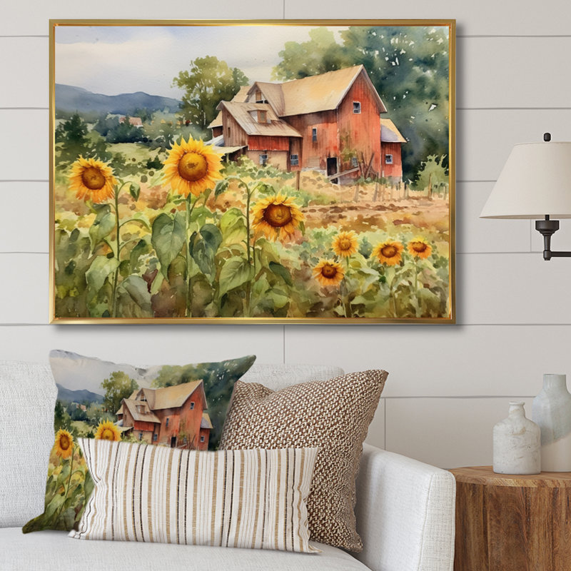 Tournesol doré à la ferme III - art mural floral, H 16 po x l 32 po x P 1 po, Cadre flottant doré