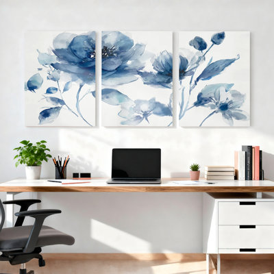 Aquarelle bleue sur toile tendue sur toile, ensemble de 3 reproductions de peintures à l'huile pour salon