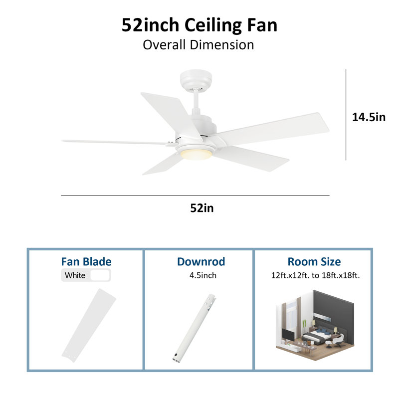 52'' Ceiling Fan with LED Lights, White, White