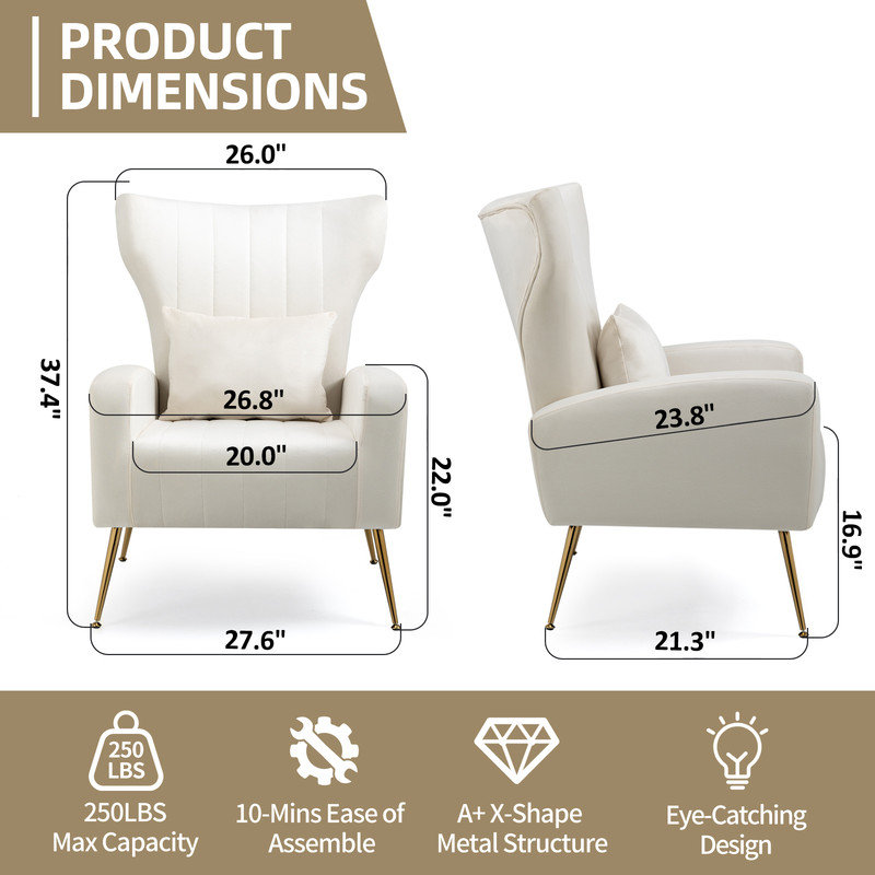 White Velvet and Wood Mid-Century Modern Accent Chair Set