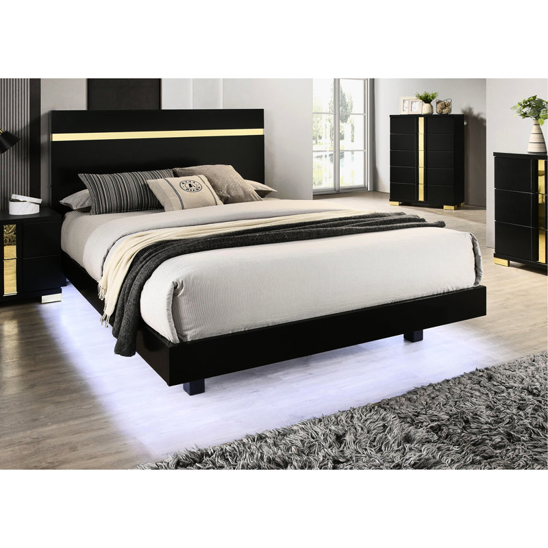 Cadre de lit moderne grand, couleur noir / or, DEL sous le lit, garniture en acrylique, bois d'ingénierie et bois d'hévéa, style transitionnel prêt pour les matelas, finition noire, bois, prêt, preuve