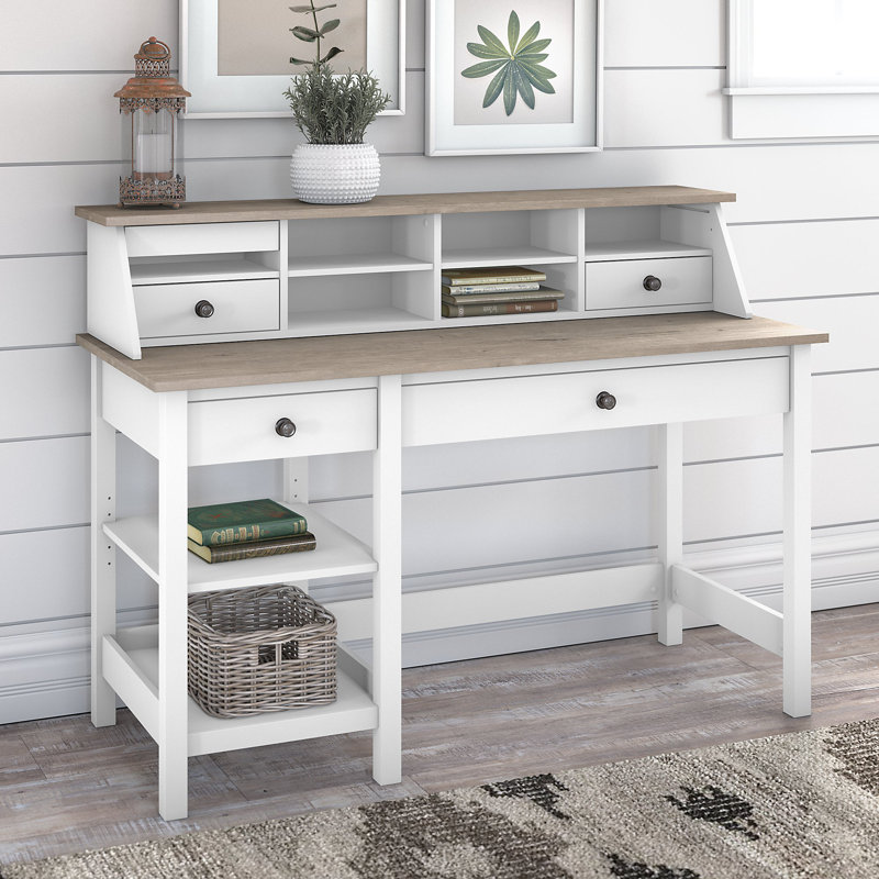 Bureau d'ordinateur Aban 54 W avec tablettes et organisateur de bureau blanc pur et gris Shiplap