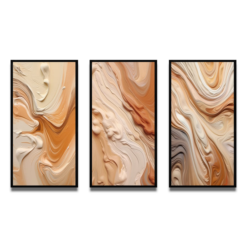 «Orange and Beige Unounded Imagination», 3 pièces, Cadre flottant noir, H 20 po x l 36 po