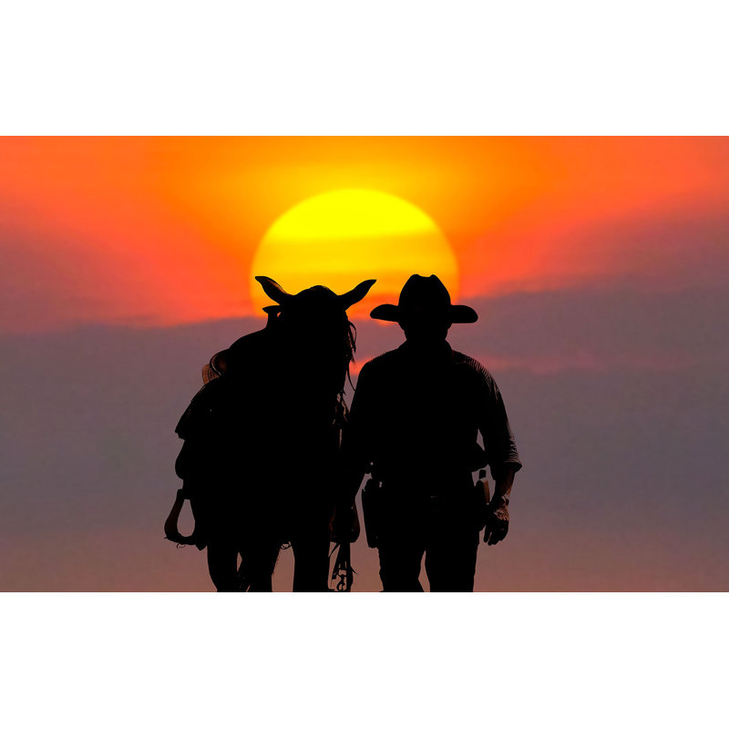 Murale pelez et collez de qualité supérieure - Silhouette d'un cowboy au coucher du soleil, L 60 po x L 40 po