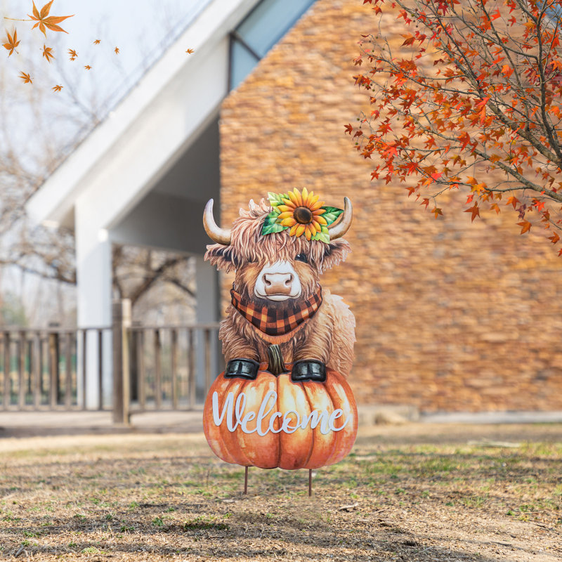 29.75"H Fall Metal Highland Cow Yard Stake Or Wall Décor Or (KD, Two Function)