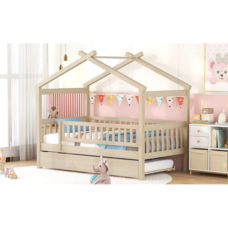 Lit simple en bois avec lit gigogne simple, Naturel