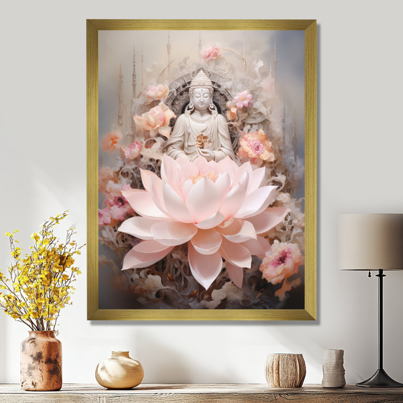 Bouddha rose, lotus de la sagesse sur toile, L 12 po x H 20 po x P 1 po, Cadre doré simple