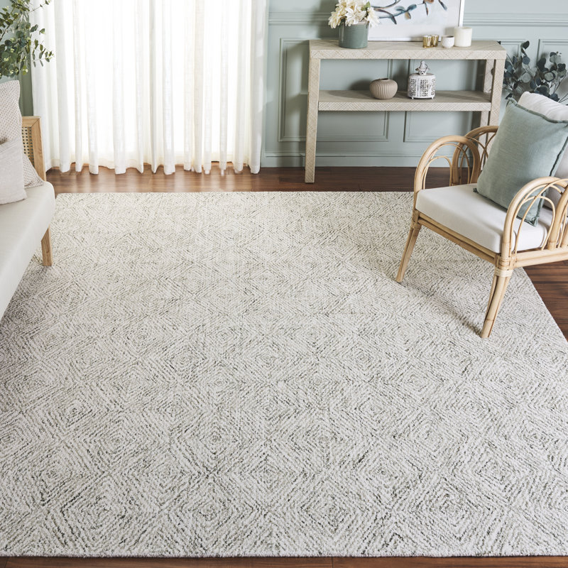 Stavro Hand Tufted Wool/Cotton Geometric Rug in Light Green/Ivory, Rectangle 8' x 10'