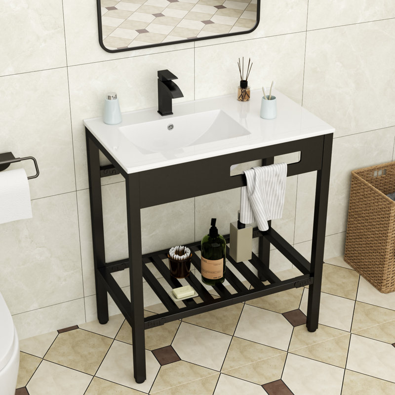 Lavabo de salle de bain console autoportante rectangulaire en céramique 32 po avec trop-plein et porte-serviettes