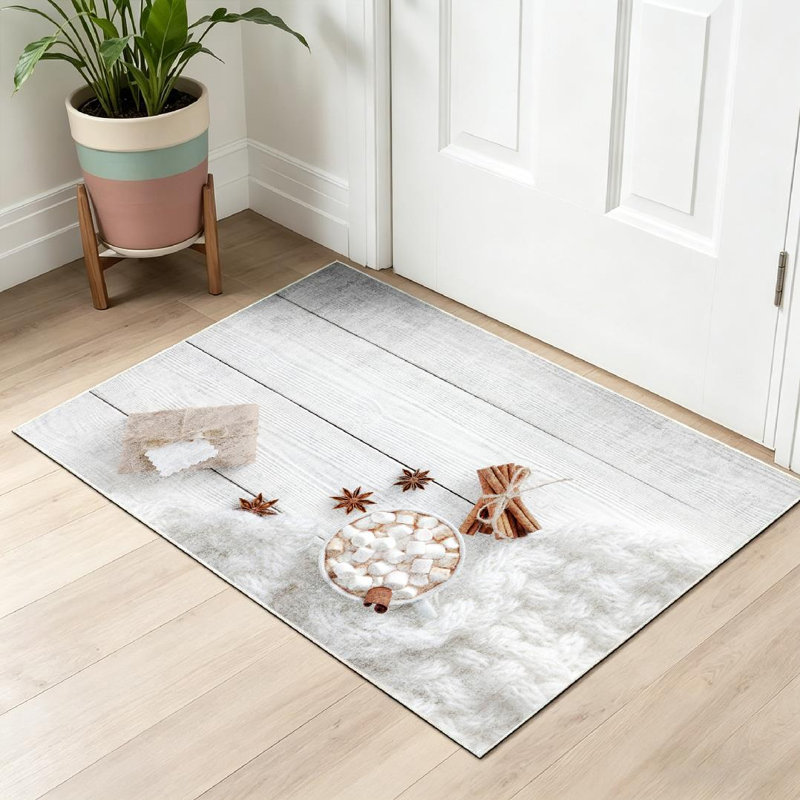 Tapis d'intérieur blanc lavable à la machine, motif tasse de chocolat chaud et foulard, Rectangle 32 po x 47 po