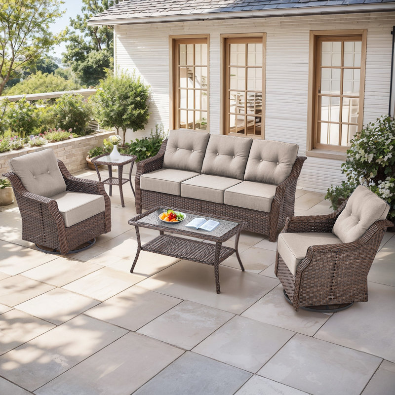 5-Piece Wicker Patio Furniture Set, 6-Inch  Thick Cushioned 360° Swivel Glider Chairs & Sofa, Beige