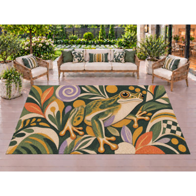 Tapis d'extérieur de 5 pi x 7 pi à motif de grenouille en PVC imperméable à l'eau de jardin à motif abstrait abstrait