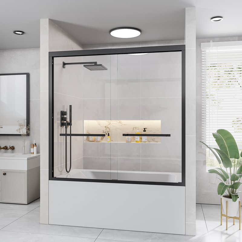 56"-60" x 58" Framed Sliding Bathtub Shower Door, Matte Black, 6mm Clear Tempered Glass, SGCC Certified