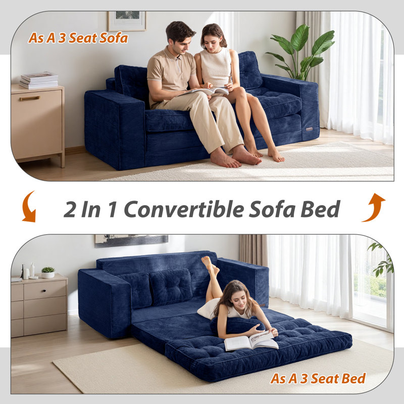 Canapé Bean Bag, causeuse de plancher, H 29,5 po x l 74,8 po x P 33,5 po, Velours côtelé bleu marine