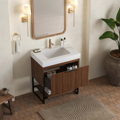 Meuble-lavabo 30 po, armoire de rangement autoportante en contreplaqué rayé avec tiroir et tablette ouverte, comptoir en pierre frittée Calacatta Gold et vasque en céramique encastrée, pré-assemblé, grain de bois noyer foncé