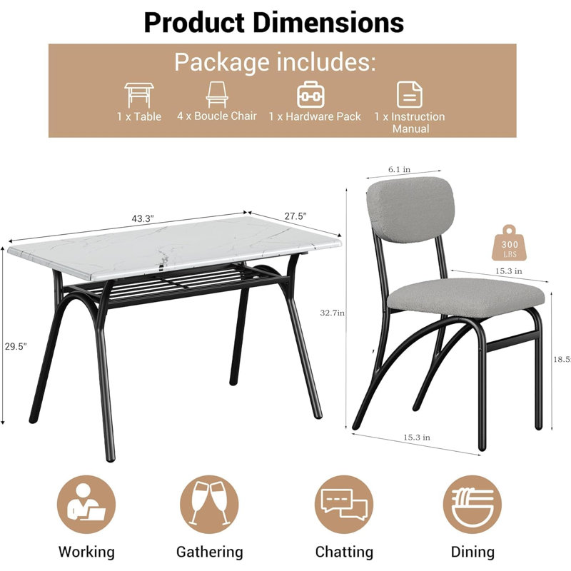 Marble-Look Rectangular Dining Table Set with 4 Boucle Upholstered Chairs – Kitchen & Small Space Dining Set for Apartments