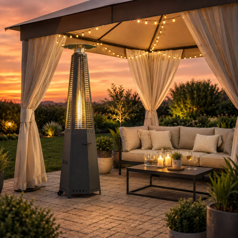 Chauffage de terrasse extérieur sur pied, pyramidal, au propane, 48 000 BTU, avec flamme en verre de quartz.