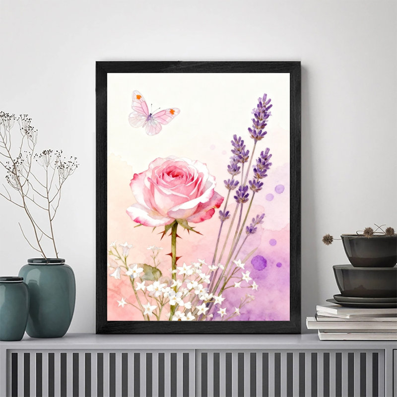 Reproduction d'art encadré noir avec de belles fleurs qui attirent les insectes, H 11 po x l 9 po