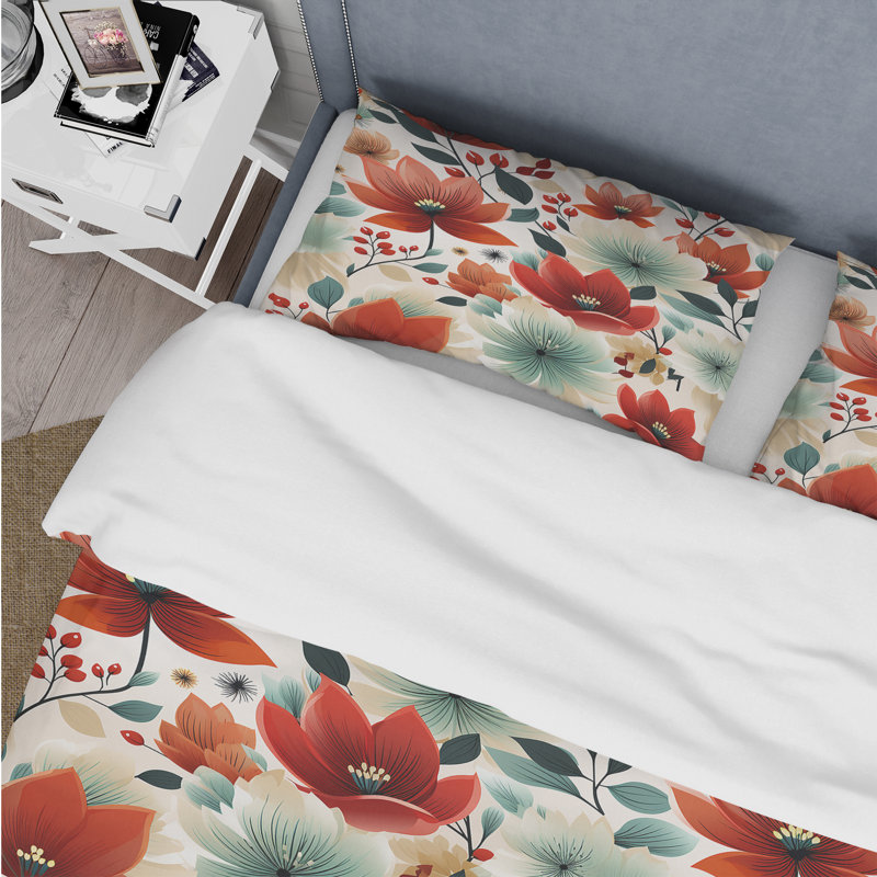 Vintage Romance Red Floral Bliss II - Ensemble de housse de couette à motif floral