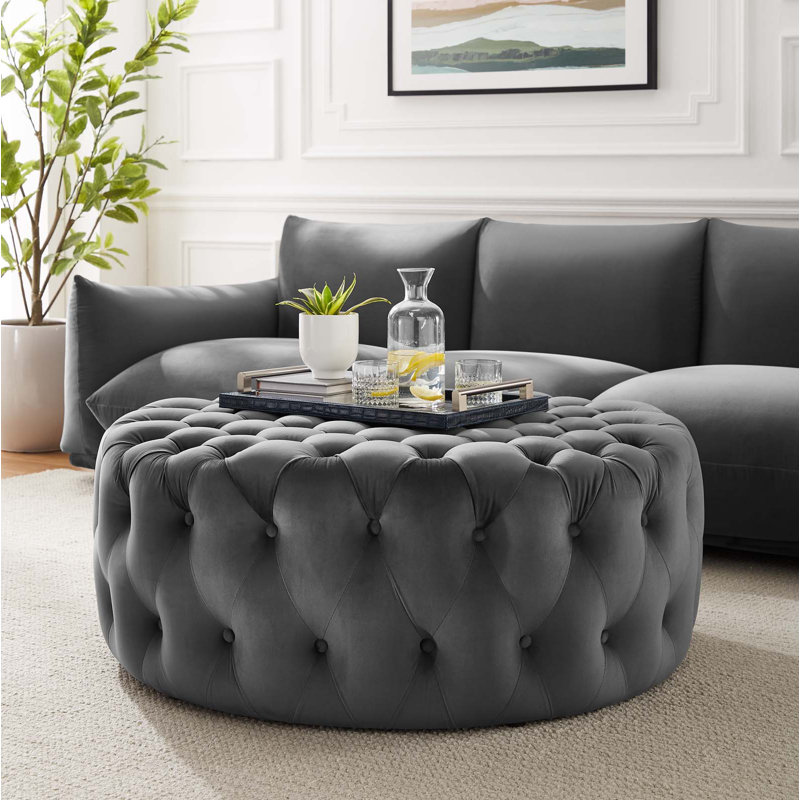 Amour Large Round Gray Velvet Tufted Ottoman