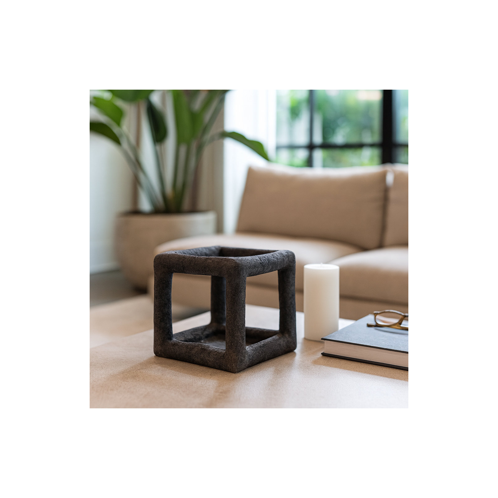 Textured Open Square Decorative Object, 9" H x 10" W x 9" D, Black