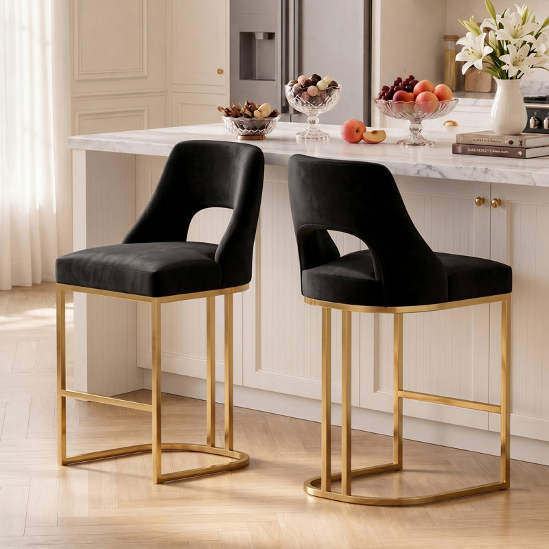  Tabouret de bar moderne à hauteur de comptoir avec structure en métal 26,7 po Alassane, Black/ Gold